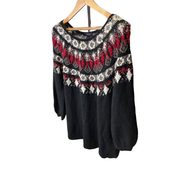 Style & Co Black Red Patterned Round Neck Bishop Sleeve Knit Sweater Sz 1X - Picture 3 of 10